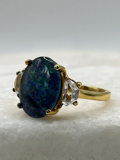 925 Sterling Silver Gilded Triplet Opal with White Topaz - Size T