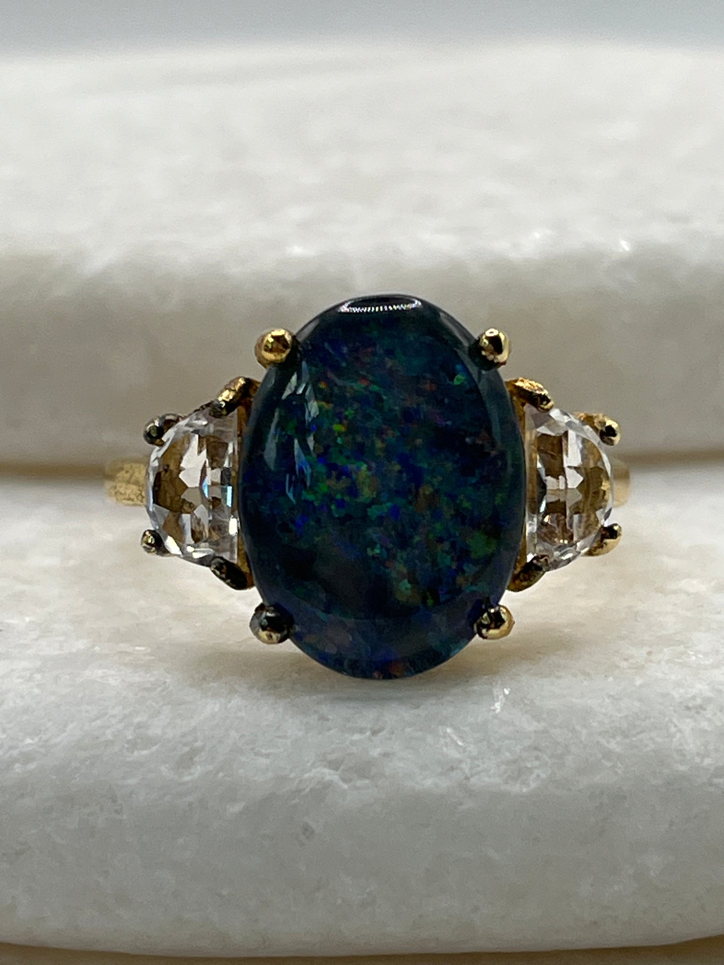 925 Sterling Silver Gilded Triplet Opal with White Topaz - Size T