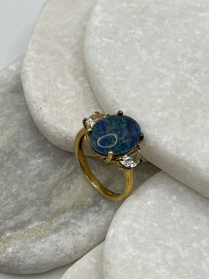 925 Sterling Silver Gilded Triplet Opal with White Topaz - Size T