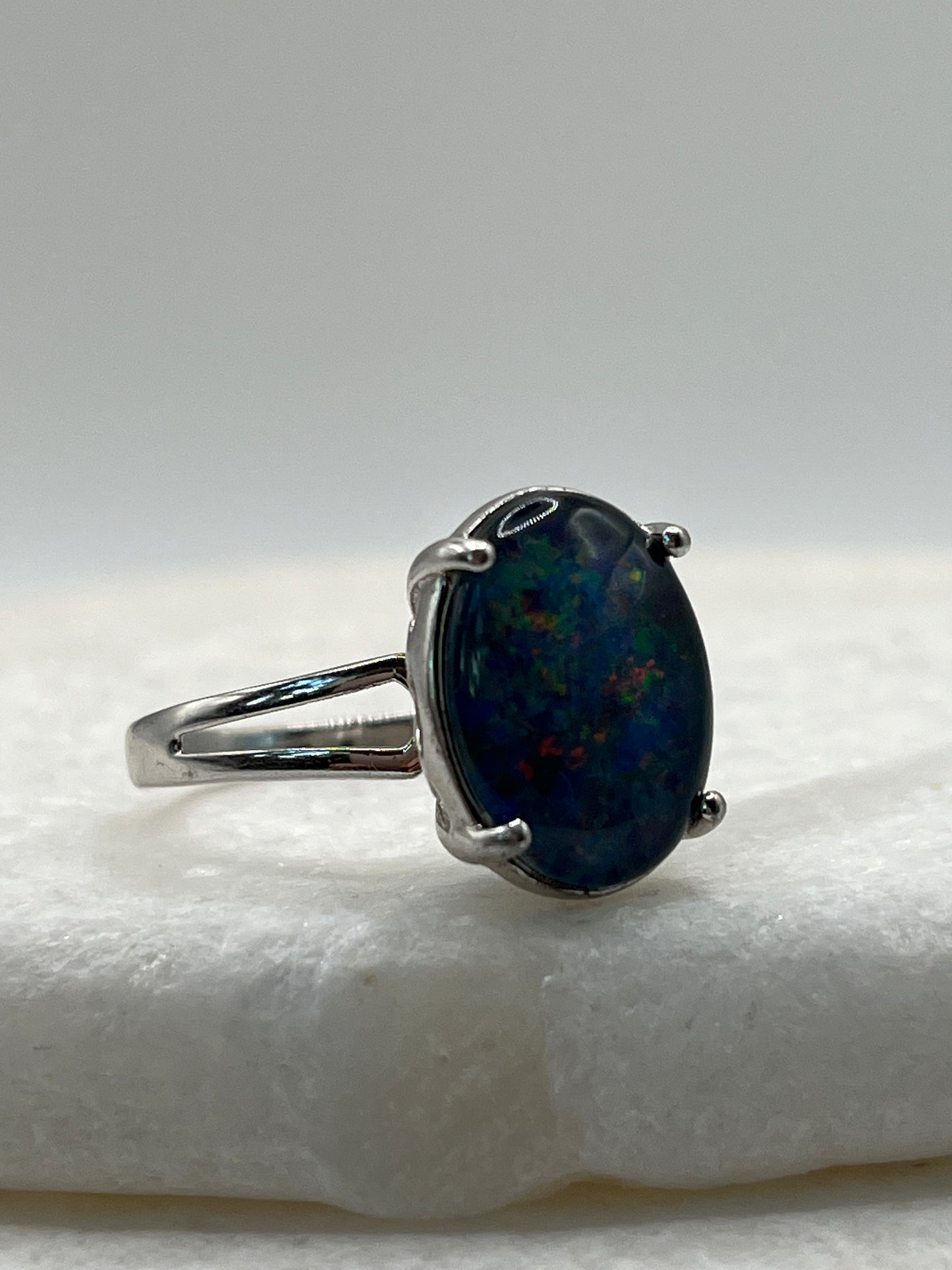 925 Sterling Silver Opal Triplet Statement Solitaire Ring - Size U