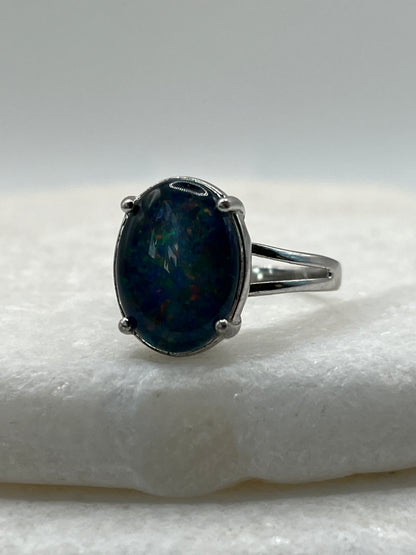 925 Sterling Silver Opal Triplet Statement Solitaire Ring - Size U
