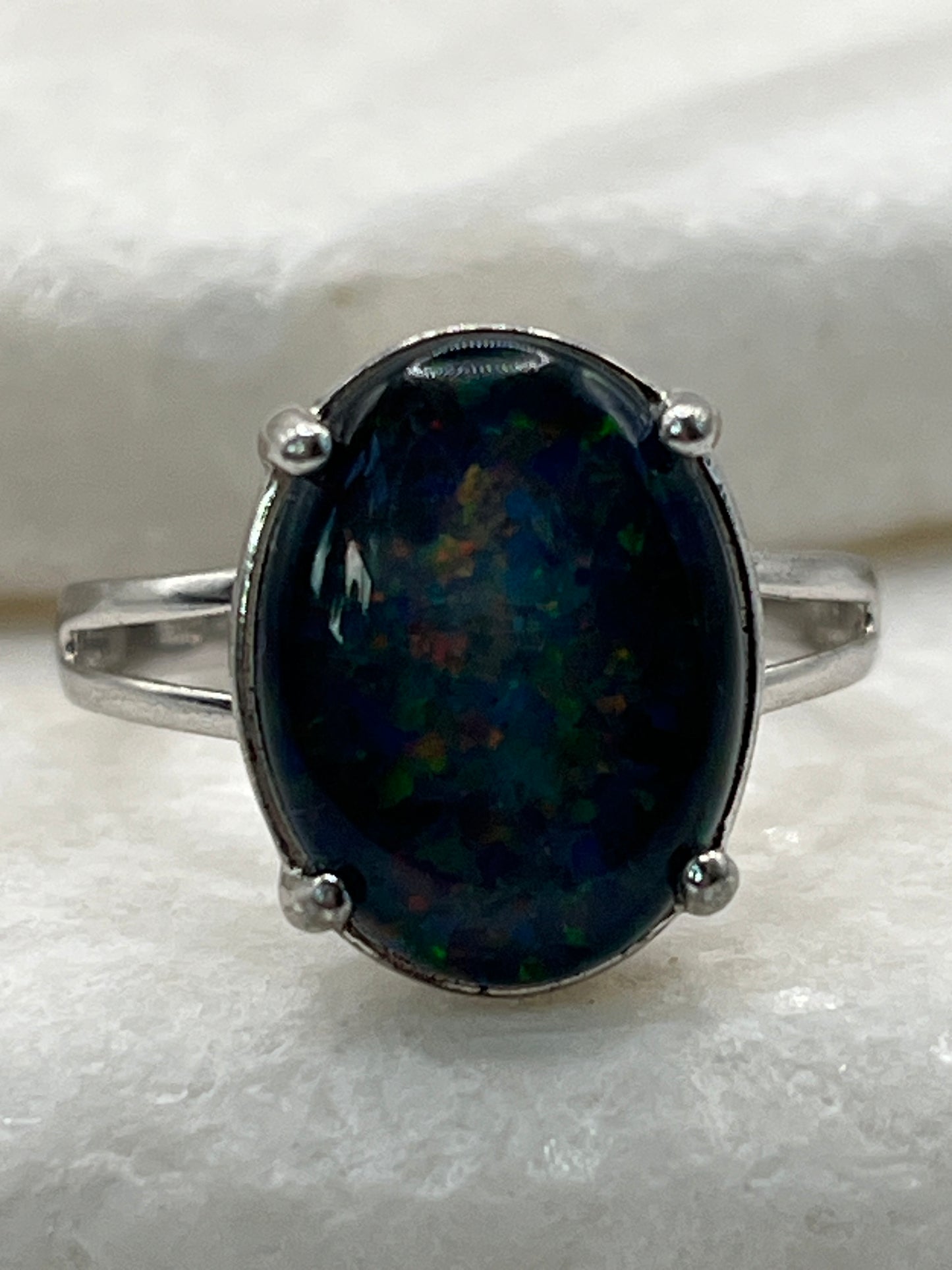 925 Sterling Silver Opal Triplet Statement Solitaire Ring - Size U