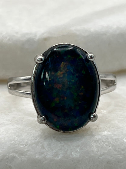 925 Sterling Silver Opal Triplet Statement Solitaire Ring - Size U