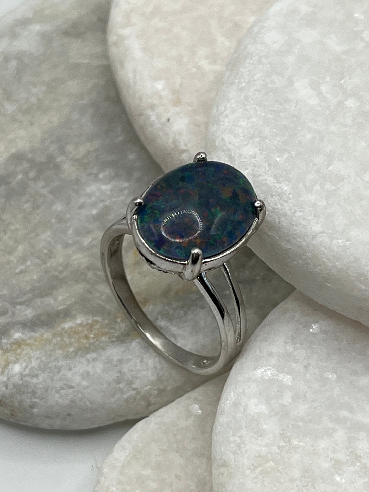 925 Sterling Silver Opal Triplet Statement Solitaire Ring - Size U