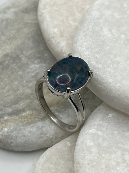 925 Sterling Silver Opal Triplet Statement Solitaire Ring - Size U