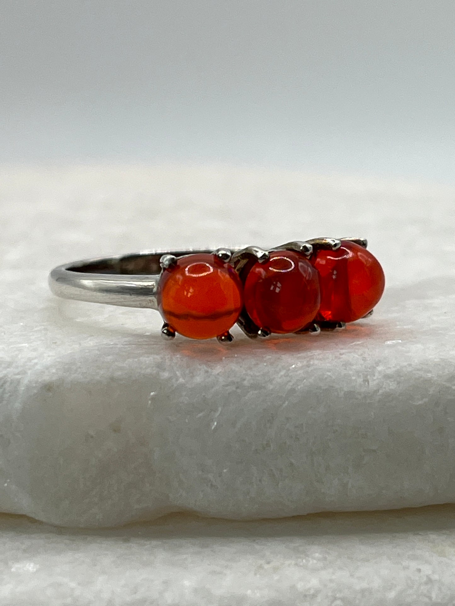 925 Sterling Silver Red Opal Cabochon Half Eternity Ring - Size S