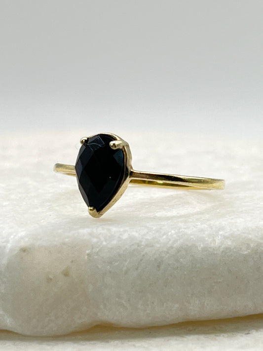 925 Sterling Silver Gilded Faceted Black Spinel Teardrop Ring - Size S