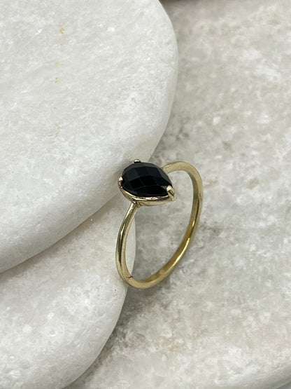 925 Sterling Silver Gilded Faceted Black Spinel Teardrop Ring - Size S