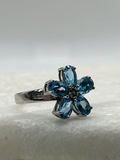925 Sterling Silver Blue Topaz Floral Ring - Size N