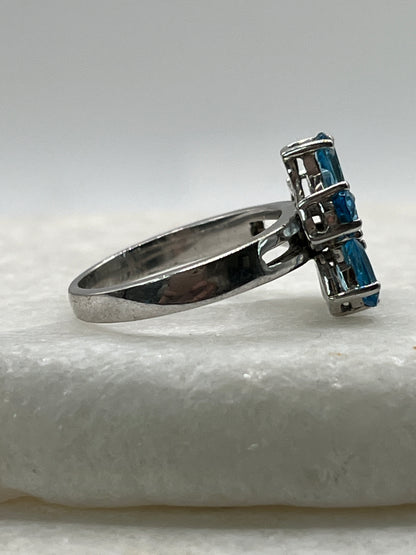 925 Sterling Silver Blue Topaz Floral Ring - Size N