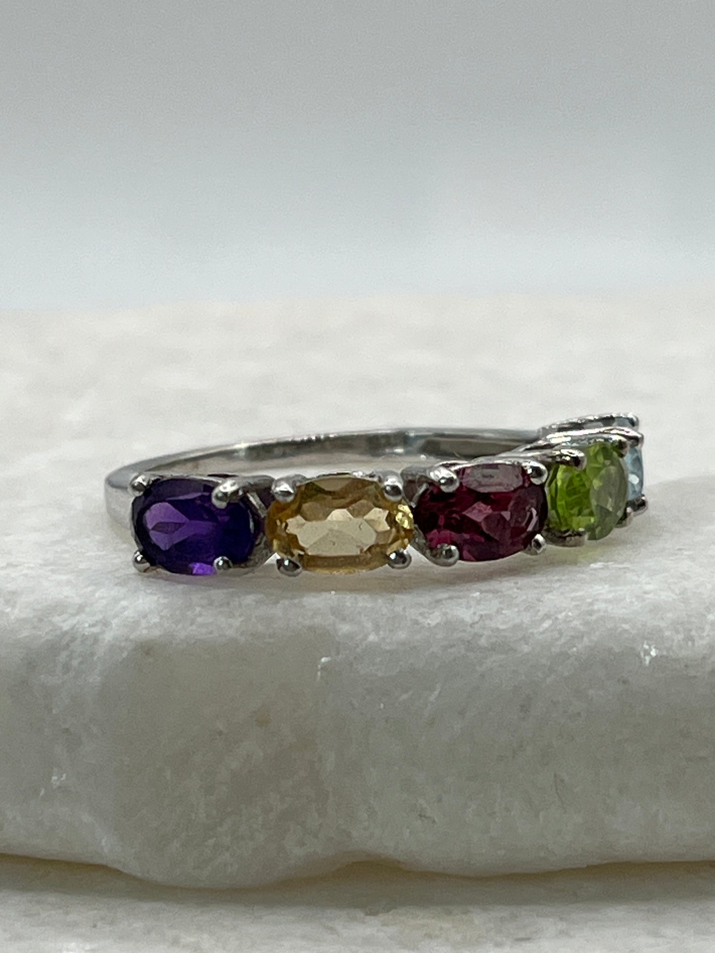 925 Sterling Silver Multi Gemstone Half Eternity Band Ring includes Amethyst, Citrine, Garnet, Peridot and Blue Topaz - Size P