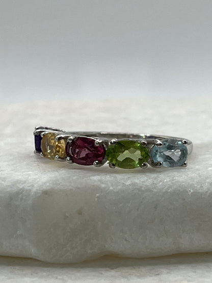 925 Sterling Silver Multi Gemstone Half Eternity Band Ring includes Amethyst, Citrine, Garnet, Peridot and Blue Topaz - Size P