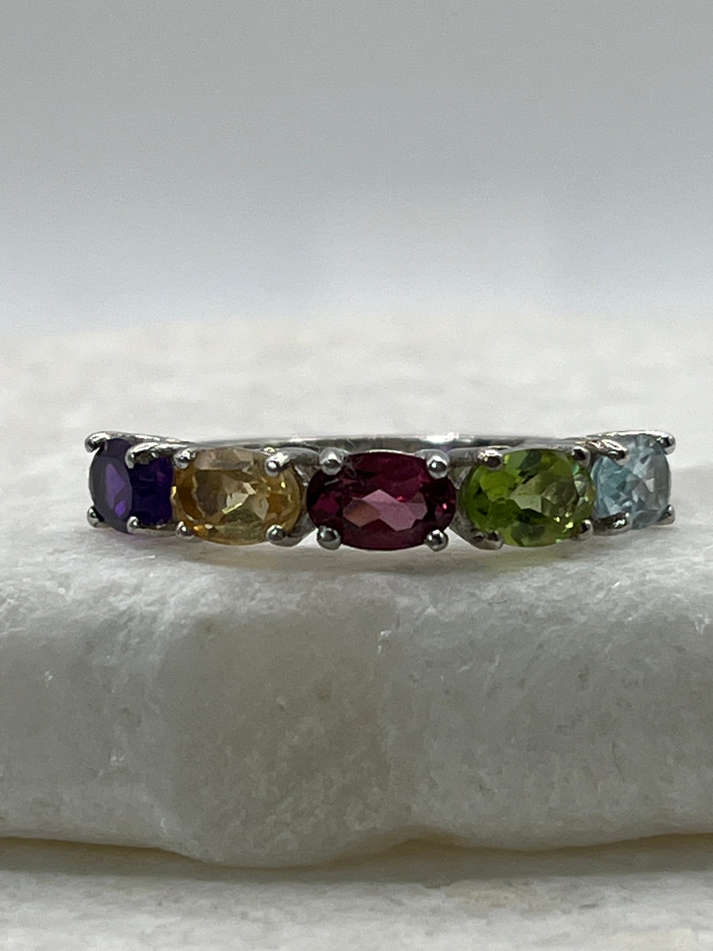 925 Sterling Silver Multi Gemstone Half Eternity Band Ring includes Amethyst, Citrine, Garnet, Peridot and Blue Topaz - Size P