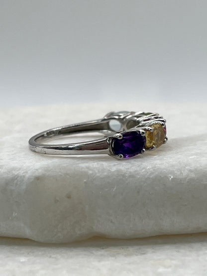 925 Sterling Silver Multi Gemstone Half Eternity Band Ring includes Amethyst, Citrine, Garnet, Peridot and Blue Topaz - Size P