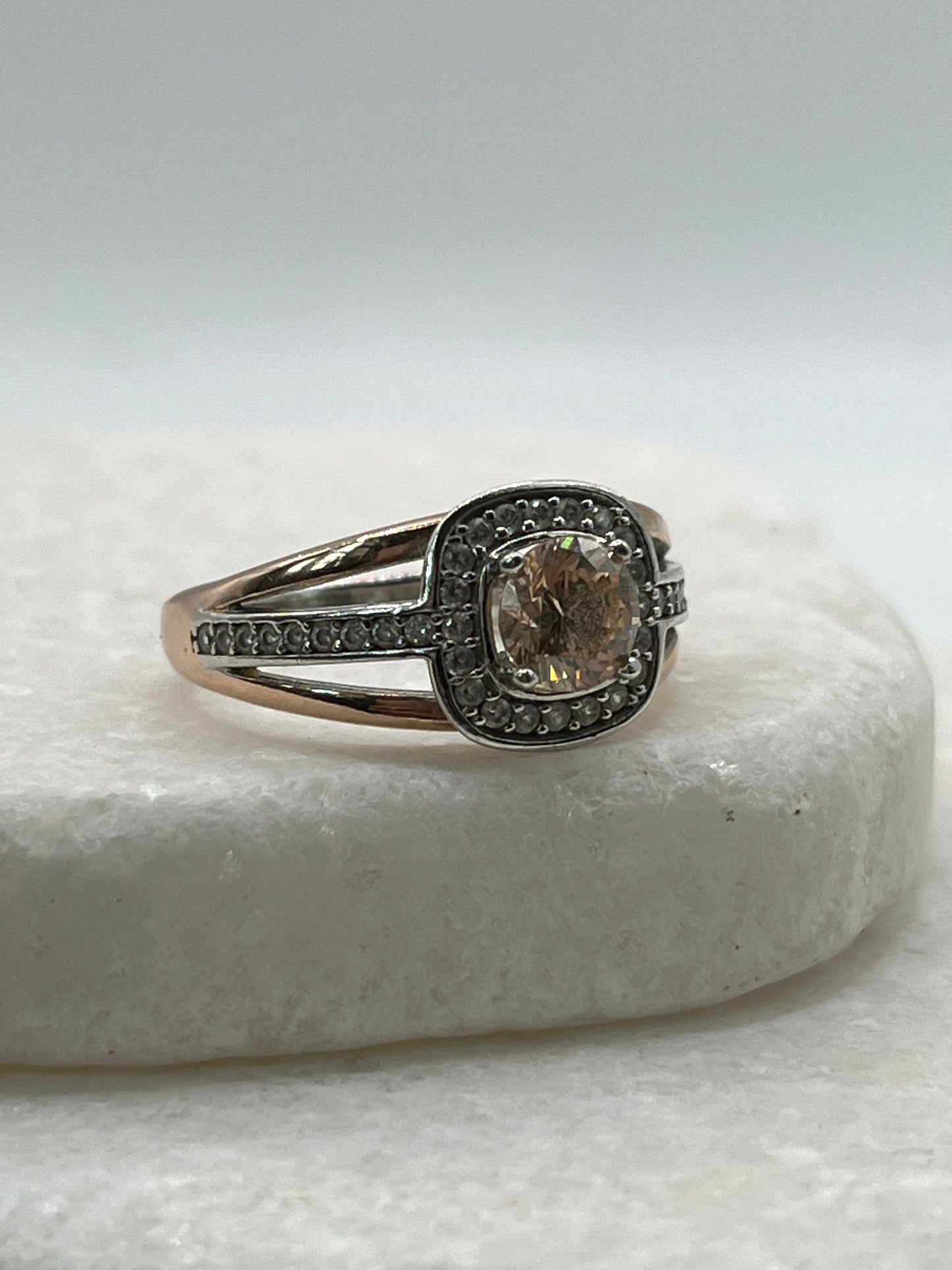 925 Sterling Silver Pink Gold Gilded Champaign Quartz Statement Ring - Size R