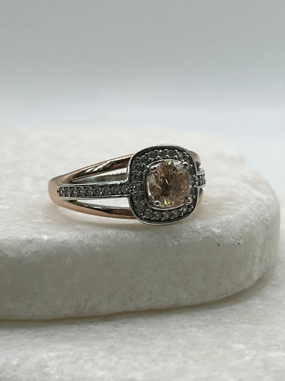 925 Sterling Silver Pink Gold Gilded Champaign Quartz Statement Ring - Size R
