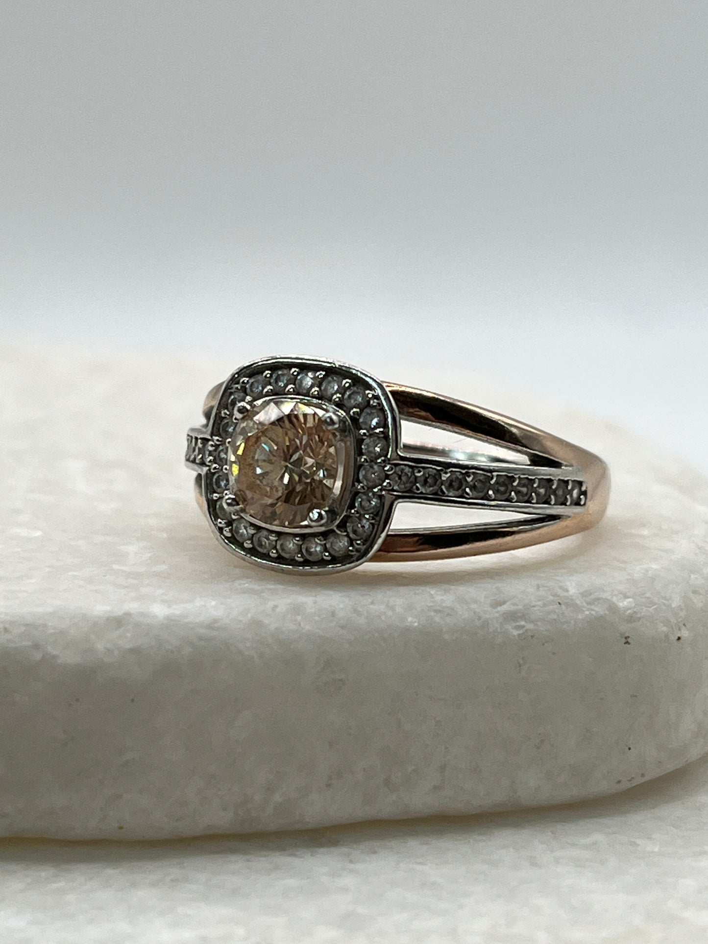 925 Sterling Silver Pink Gold Gilded Champaign Quartz Statement Ring - Size R