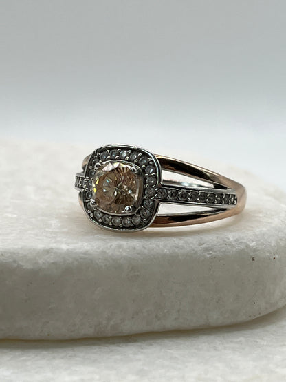 925 Sterling Silver Pink Gold Gilded Champaign Quartz Statement Ring - Size R