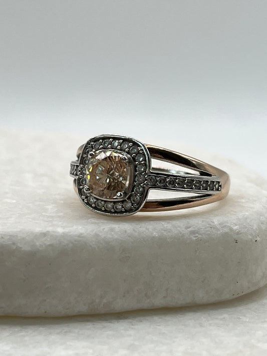 925 Sterling Silver Pink Gold Gilded Champaign Quartz Statement Ring - Size R