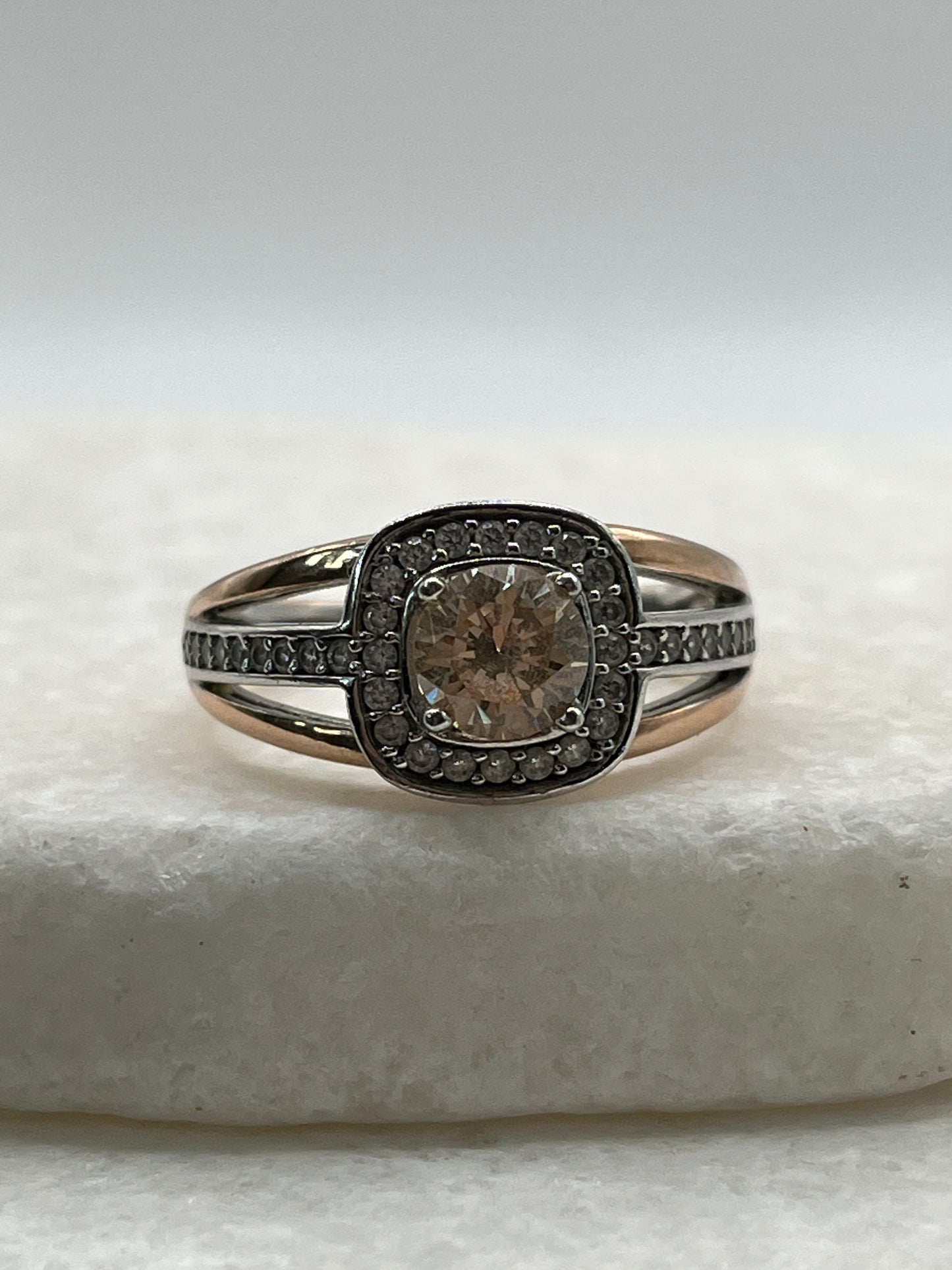 925 Sterling Silver Pink Gold Gilded Champaign Quartz Statement Ring - Size R