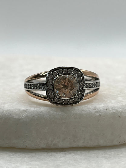 925 Sterling Silver Pink Gold Gilded Champaign Quartz Statement Ring - Size R