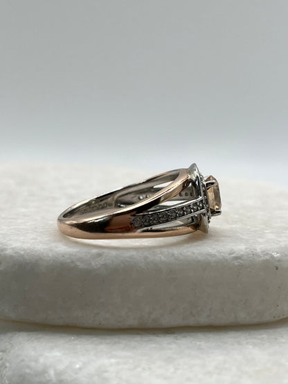 925 Sterling Silver Pink Gold Gilded Champaign Quartz Statement Ring - Size R