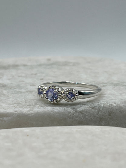 925 Sterling Silver Tanzanite Trilogy Ring Size R