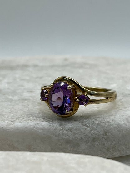 925 Sterling Silver Gilded Amethyst Trilogy Twist Ring - Size R