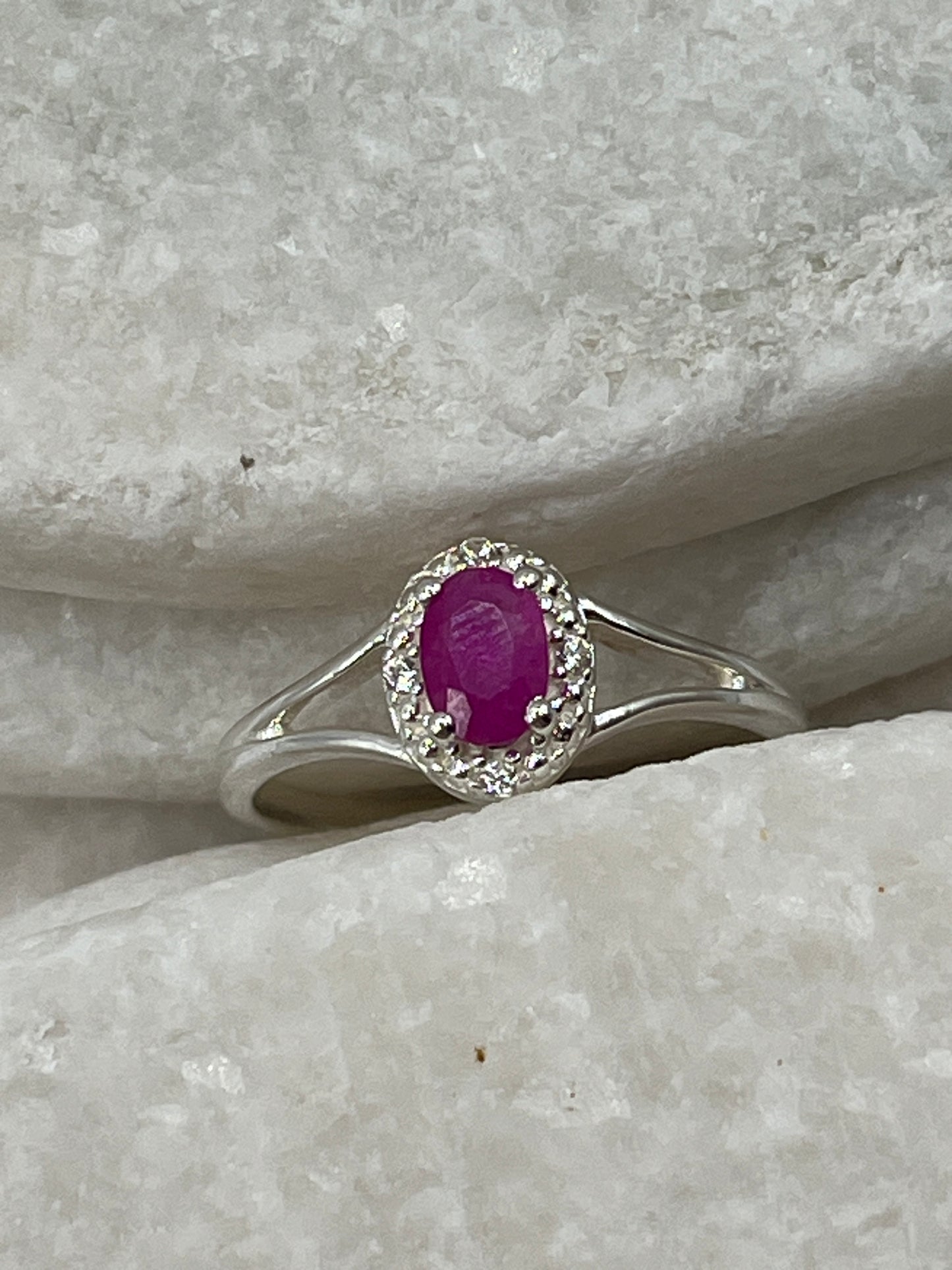 925 Sterling Silver Ruby Halo Ring - Size Q