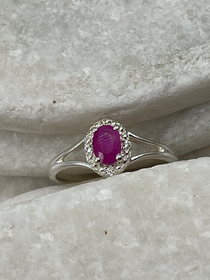 925 Sterling Silver Ruby Halo Ring - Size Q