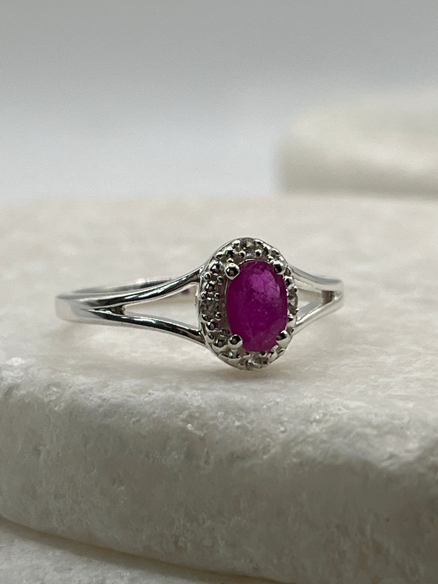 925 Sterling Silver Ruby Halo Ring - Size Q