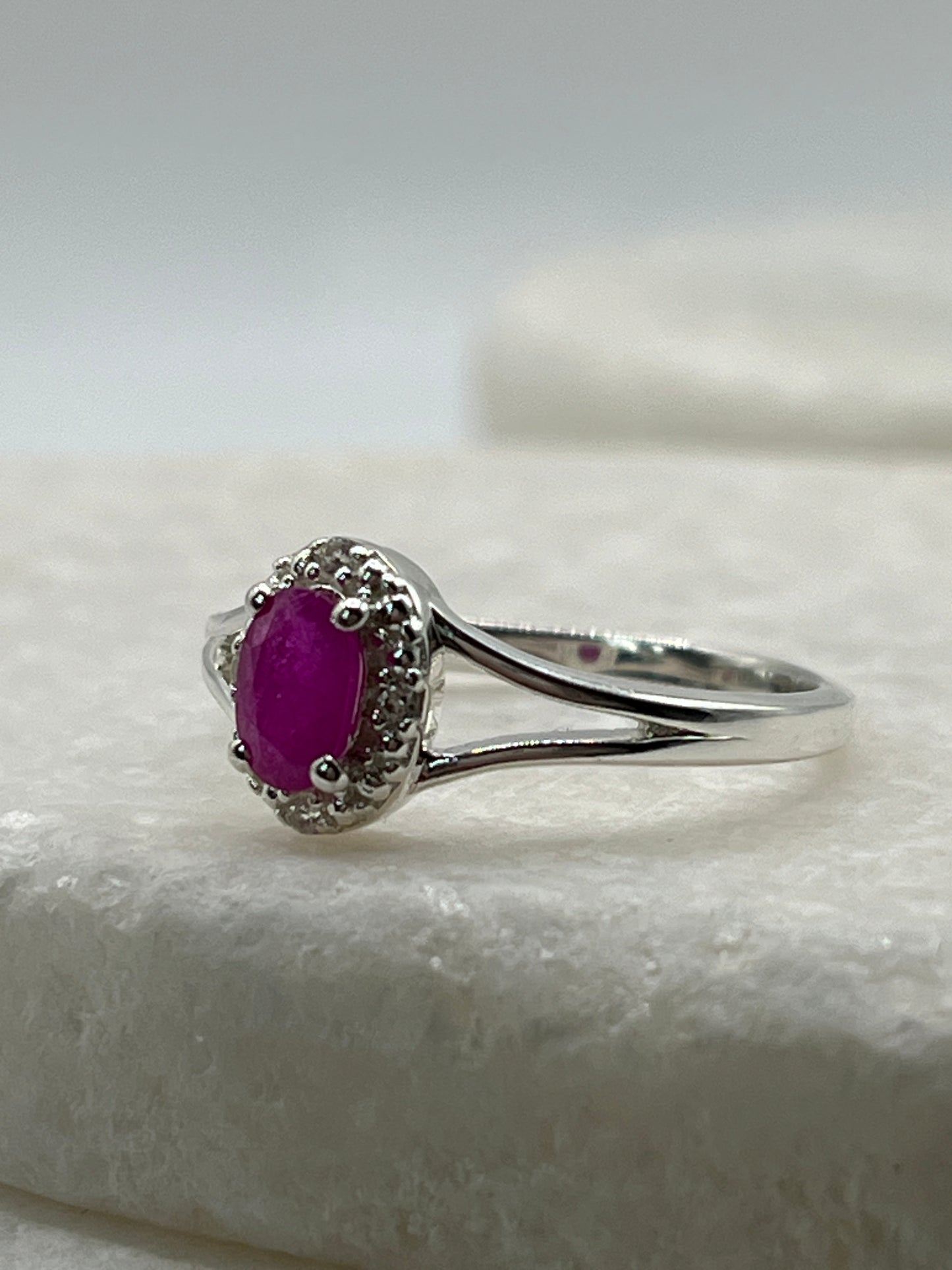 925 Sterling Silver Ruby Halo Ring - Size Q