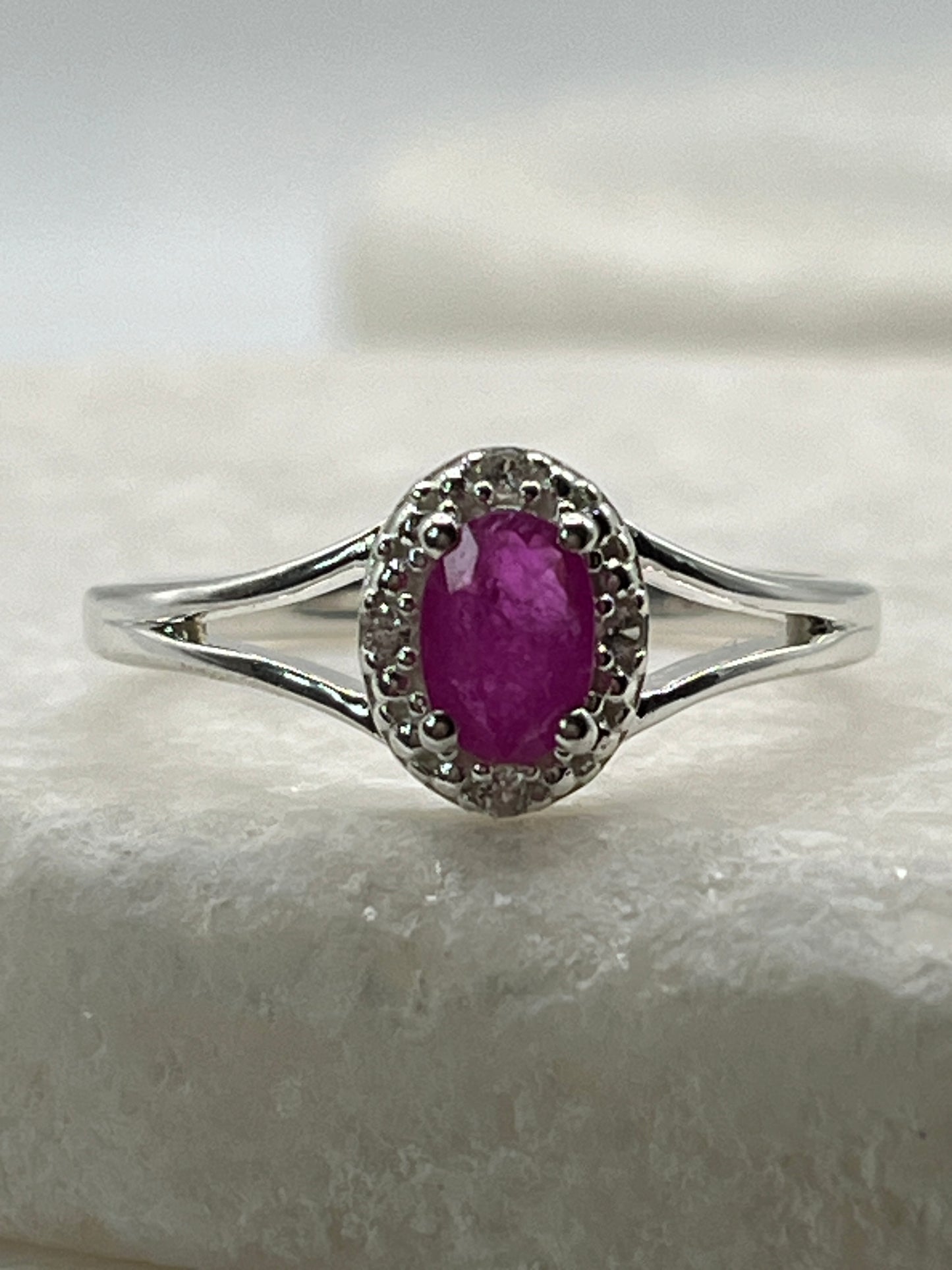 925 Sterling Silver Ruby Halo Ring - Size Q