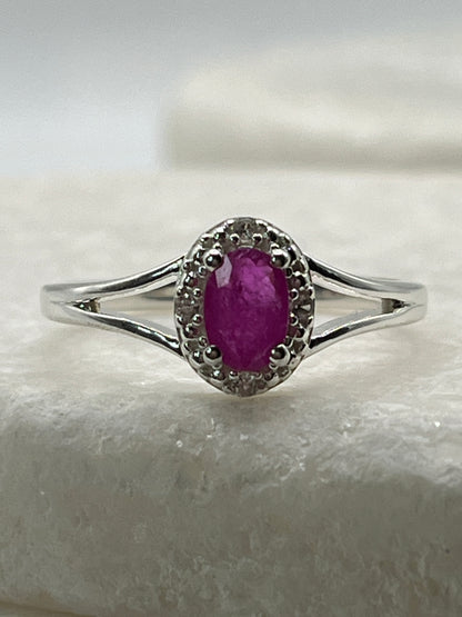 925 Sterling Silver Ruby Halo Ring - Size Q