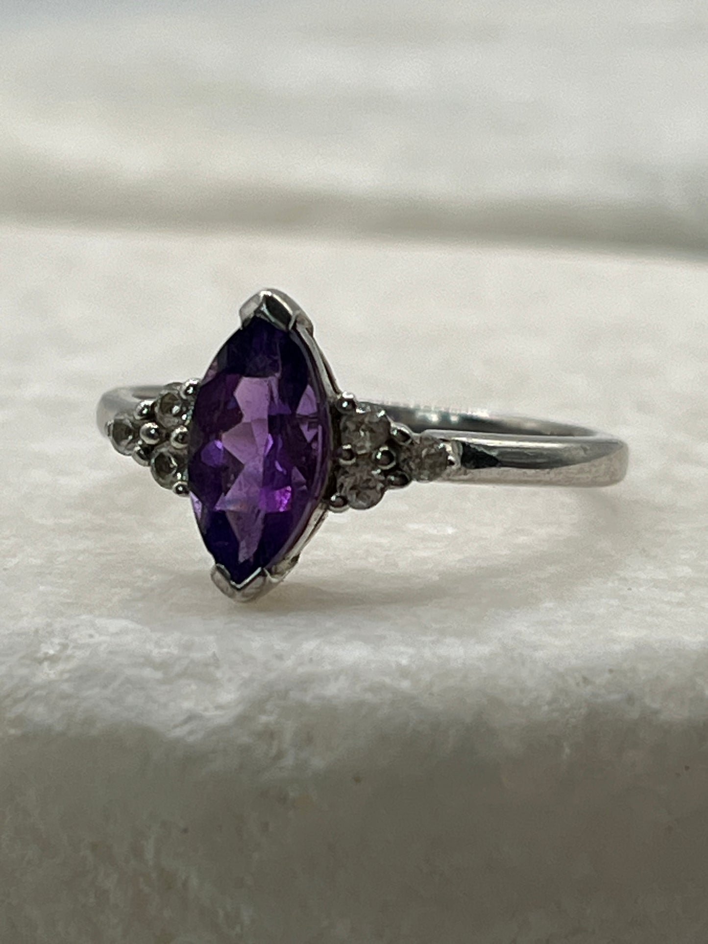925 Sterling Silver Amethyst Marquise Ring - Size Q