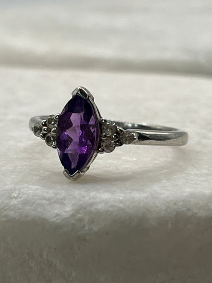 925 Sterling Silver Amethyst Marquise Ring - Size Q