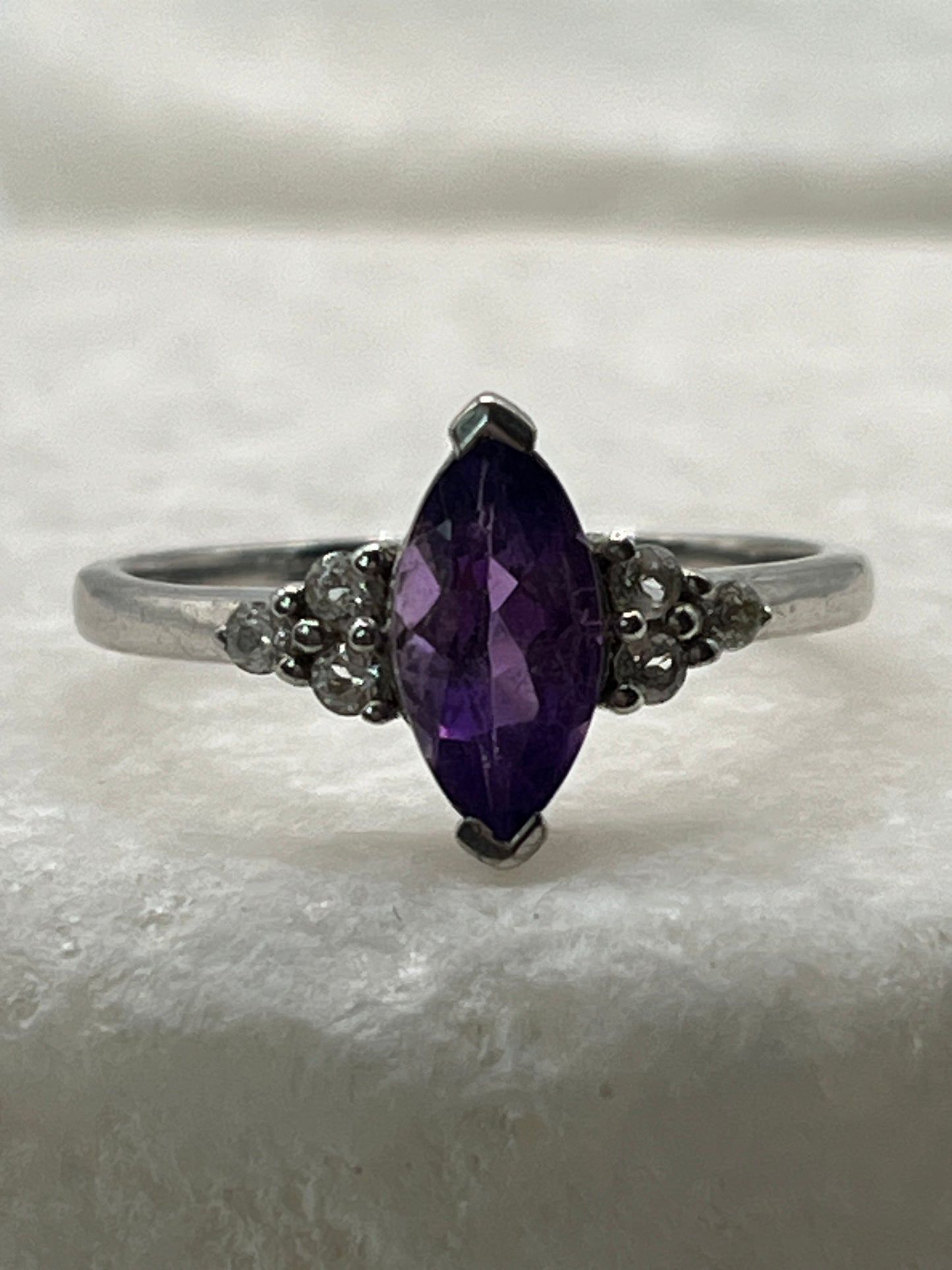 925 Sterling Silver Amethyst Marquise Ring - Size Q