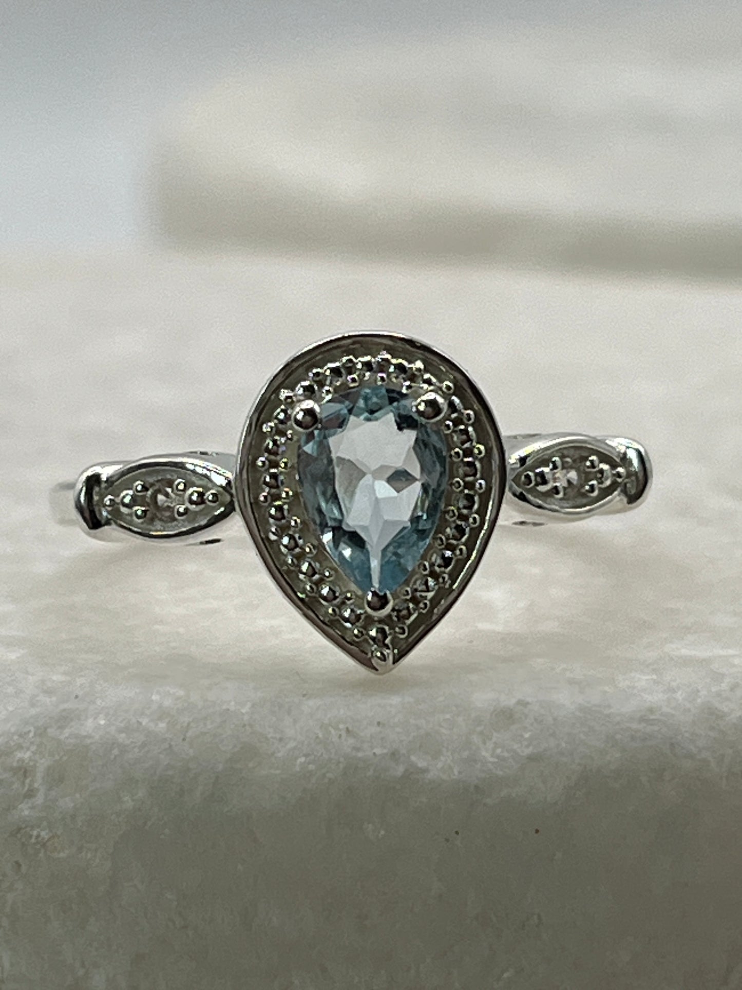 925 Sterling Silver Aquamarine Teardrop Halo Ring - Size Q