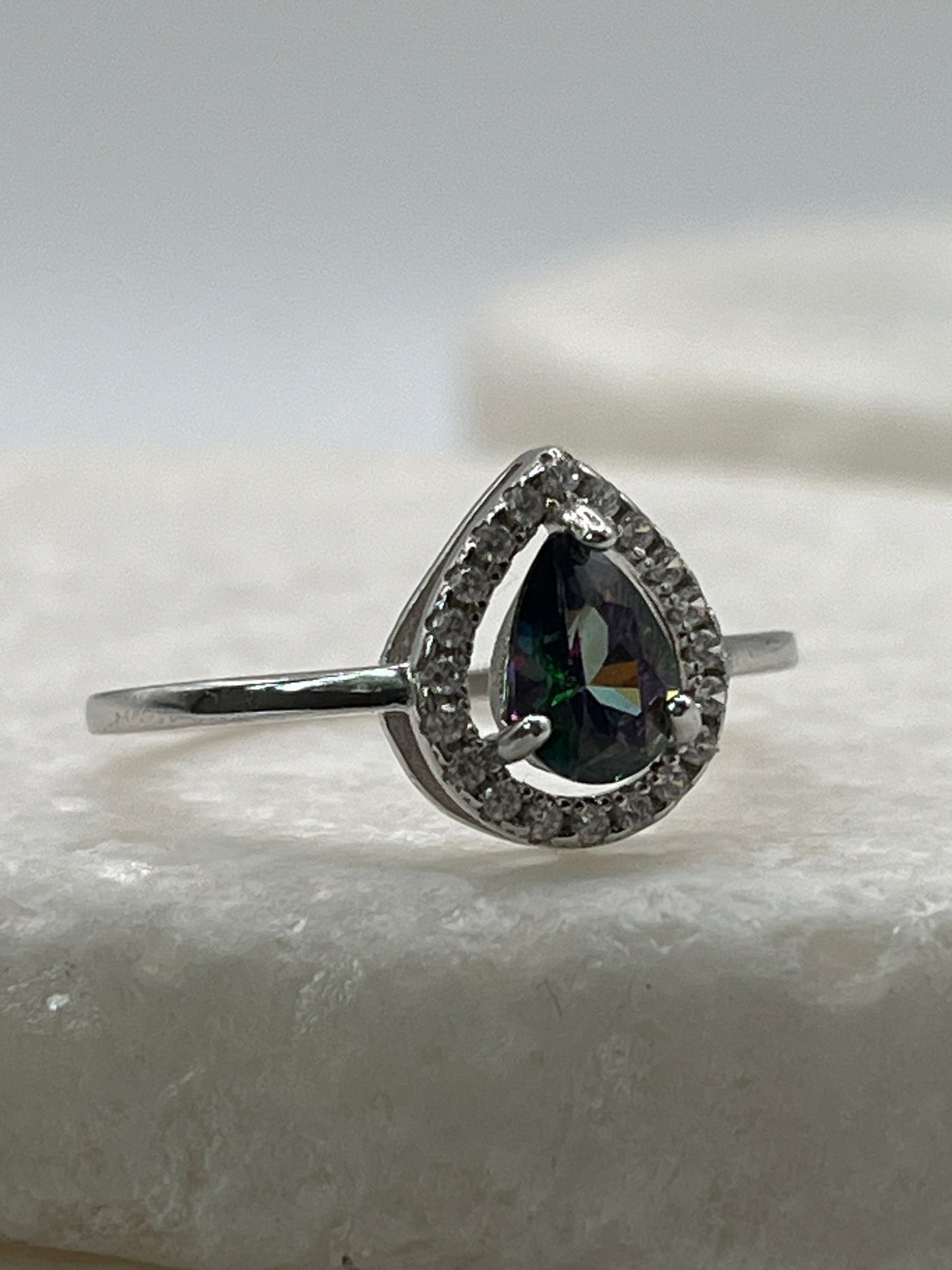 925 Sterling Silver Mystic Topaz Teardrop Halo Ring - Size Q