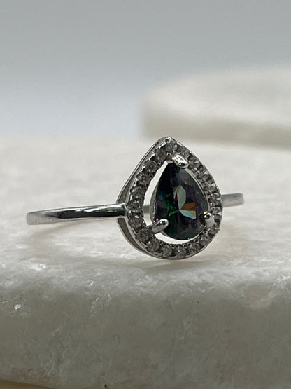 925 Sterling Silver Mystic Topaz Teardrop Halo Ring - Size Q
