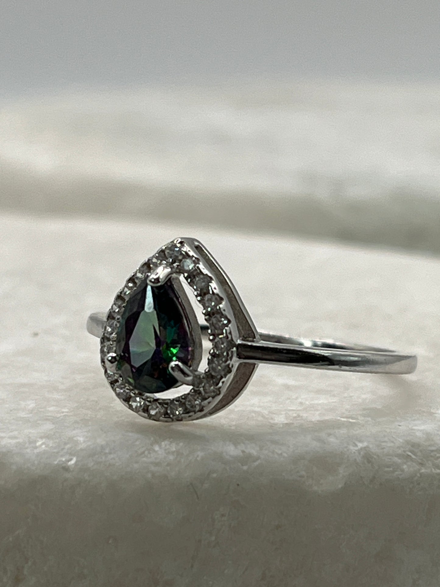 925 Sterling Silver Mystic Topaz Teardrop Halo Ring - Size Q