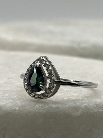 925 Sterling Silver Mystic Topaz Teardrop Halo Ring - Size Q