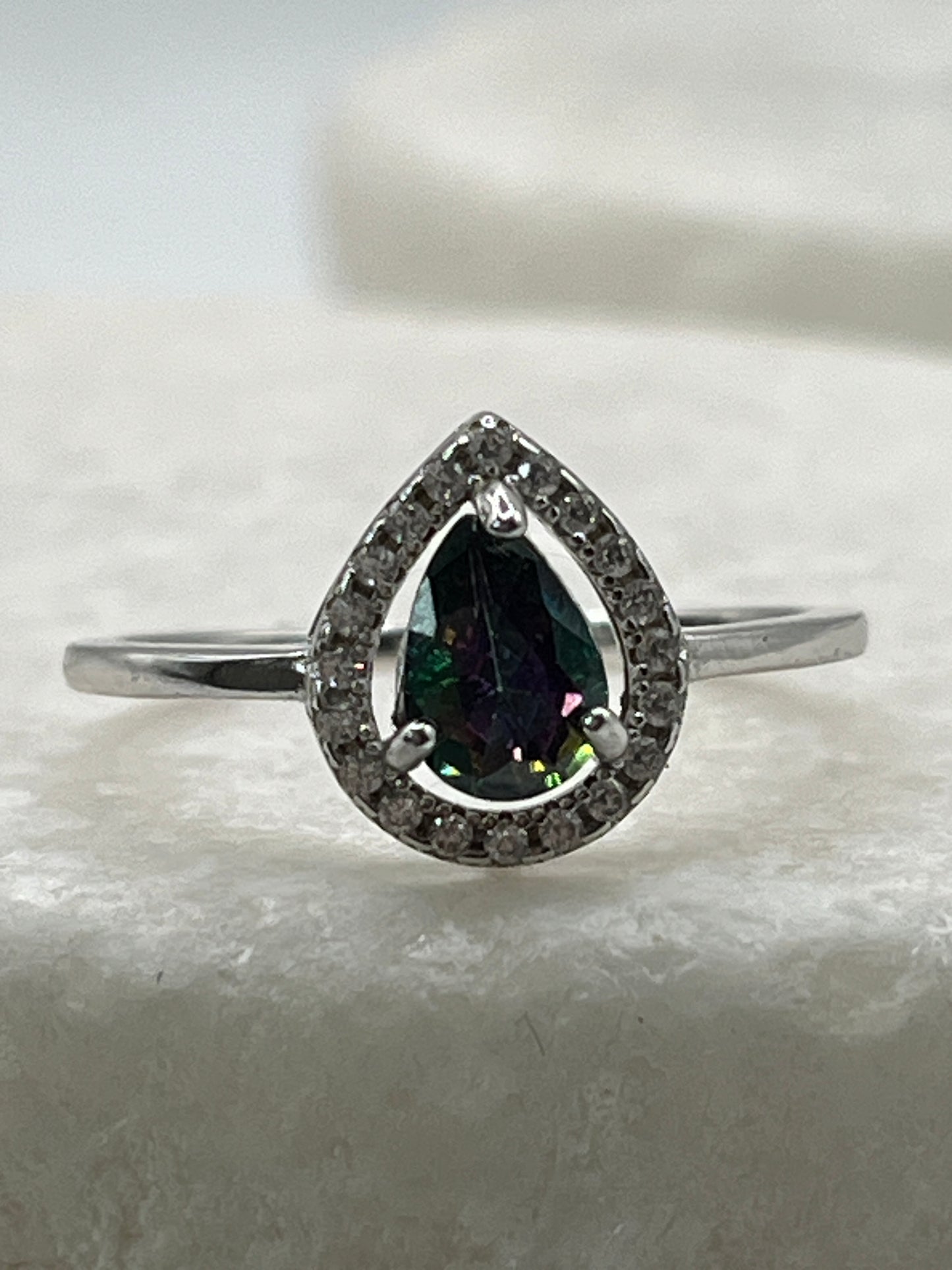 925 Sterling Silver Mystic Topaz Teardrop Halo Ring - Size Q
