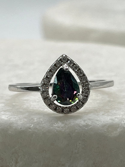 925 Sterling Silver Mystic Topaz Teardrop Halo Ring - Size Q