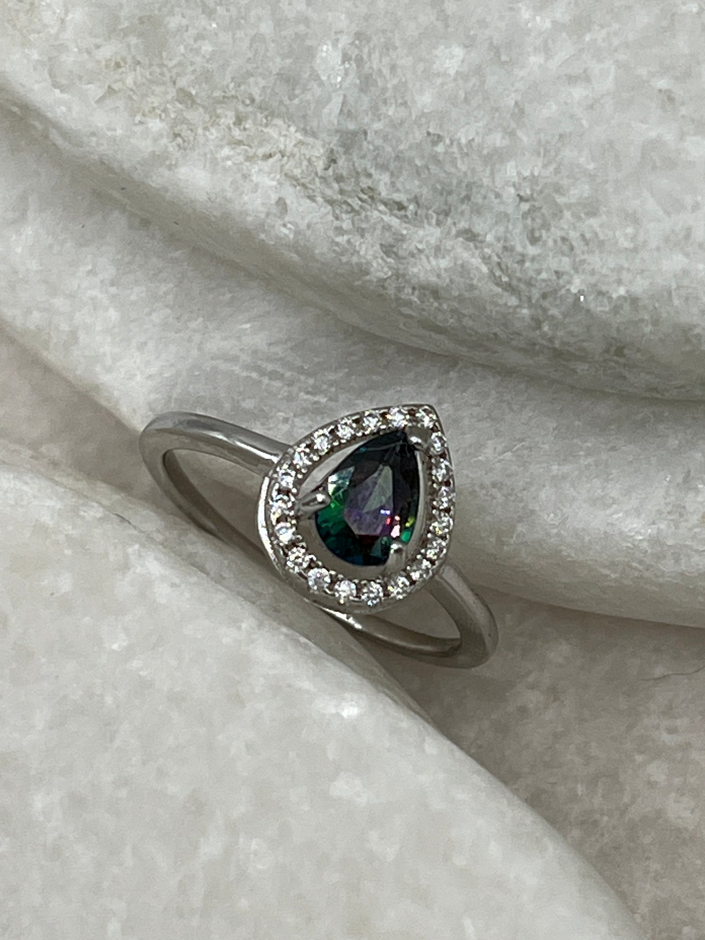 925 Sterling Silver Mystic Topaz Teardrop Halo Ring - Size Q