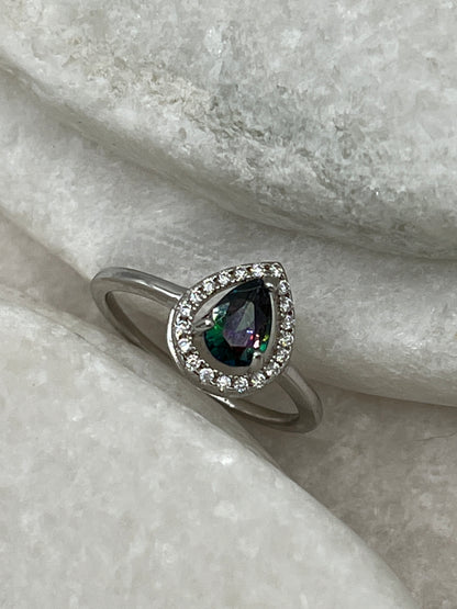 925 Sterling Silver Mystic Topaz Teardrop Halo Ring - Size Q