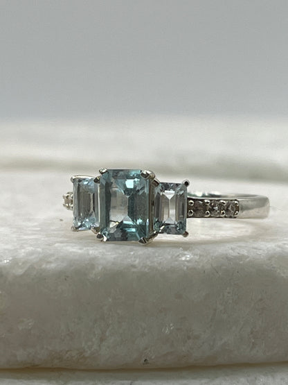925 Sterling Silver Emerald Cut Aquamarine Trilogy Ring With White Topaz - Size Q