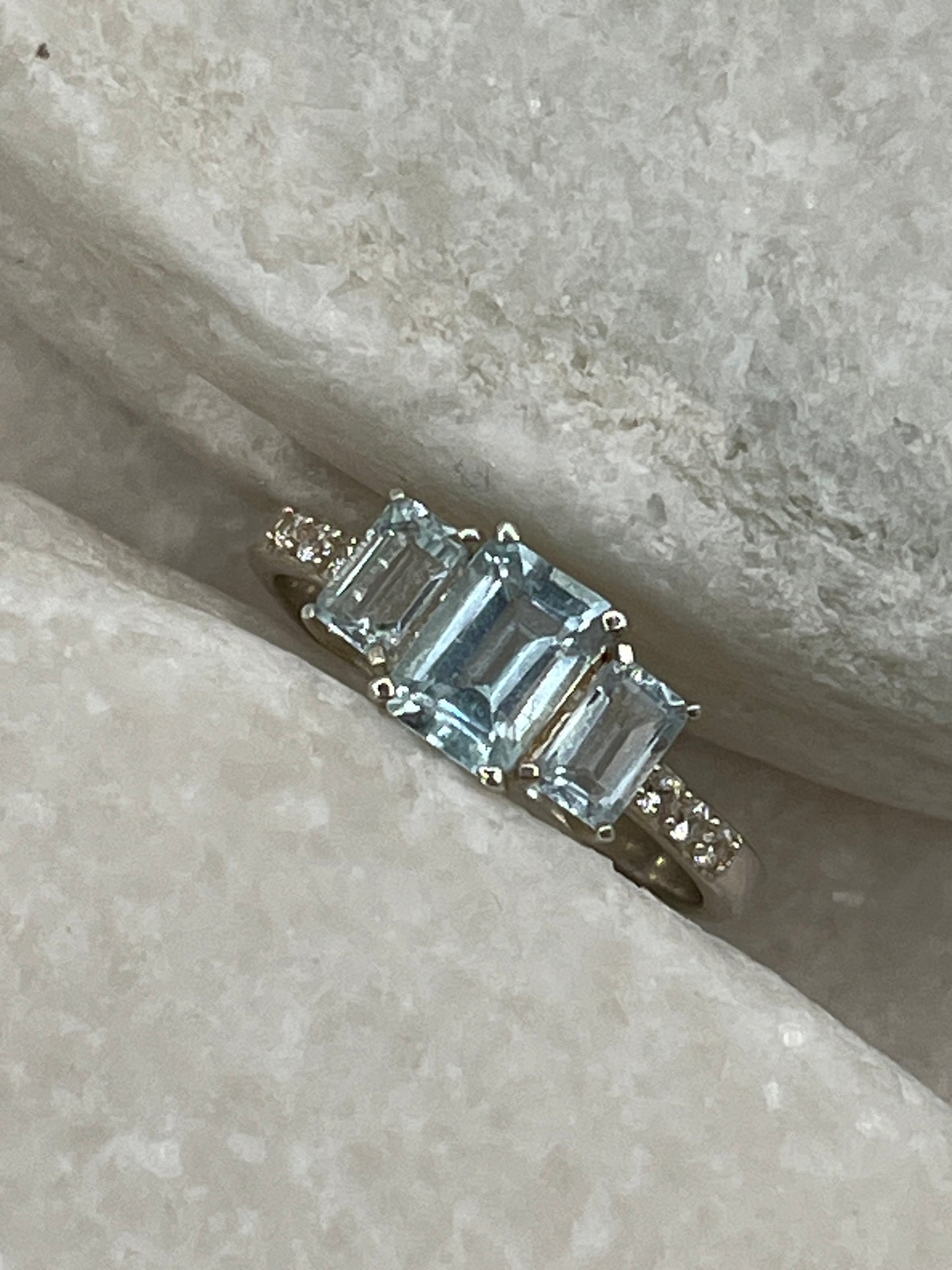 925 Sterling Silver Emerald Cut Aquamarine Trilogy Ring With White Topaz - Size Q