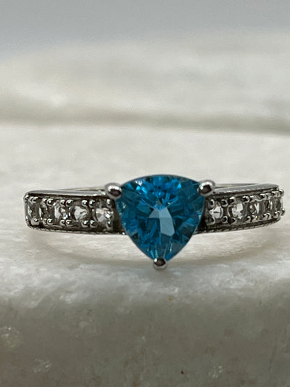 925 Sterling Silver Swiss Blue Topaz Faceted Triangle Ring - Size Q