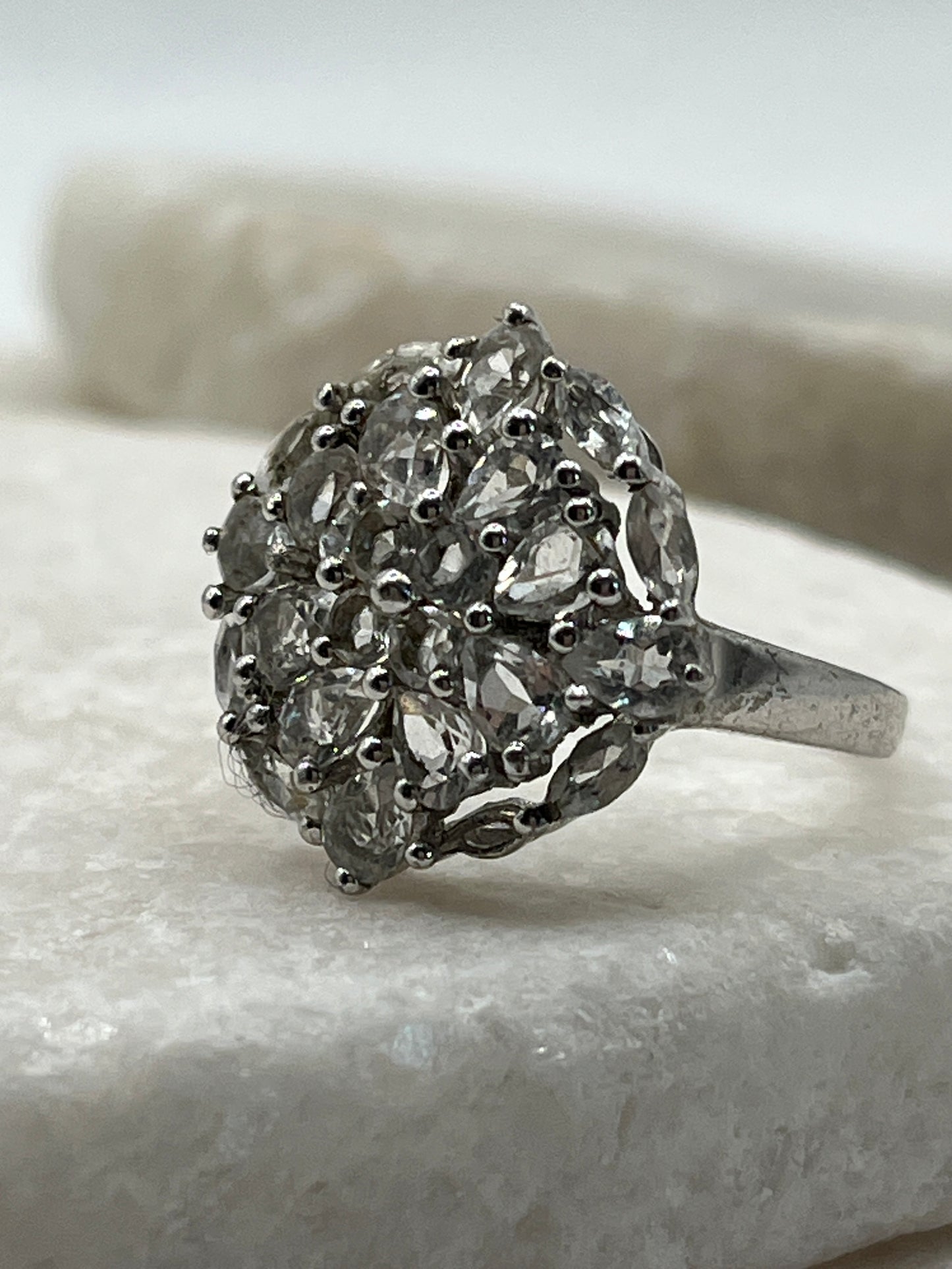 925 Sterling Silver Beryl Flower Cluster Ring - Size O